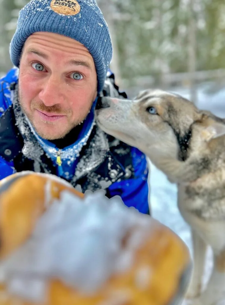 Voyageur au contact d’un chien de traîneau dans une forêt enneigée de Laponie