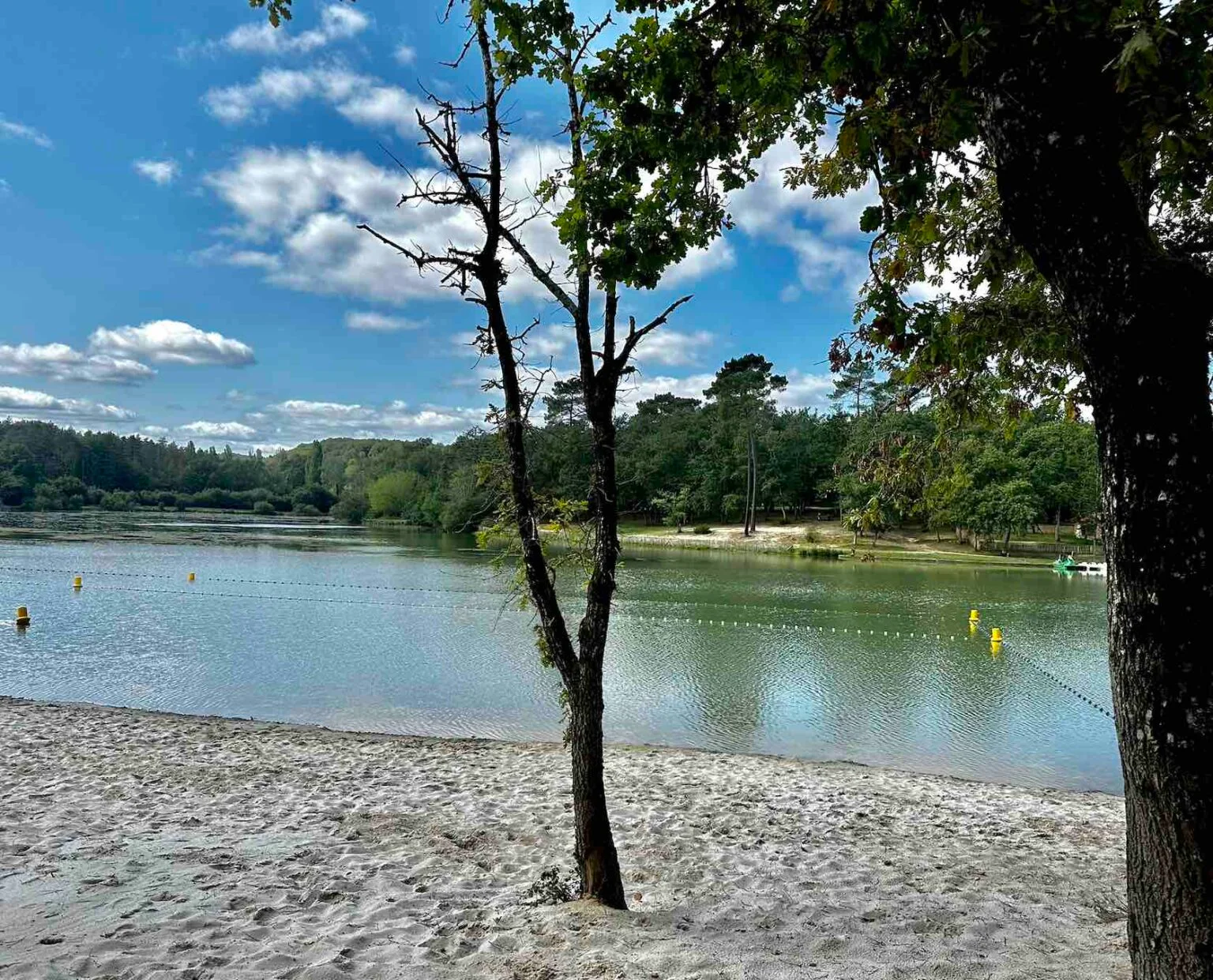 Lac de Neufont entouré de verdure dans la campagne de Dordogne