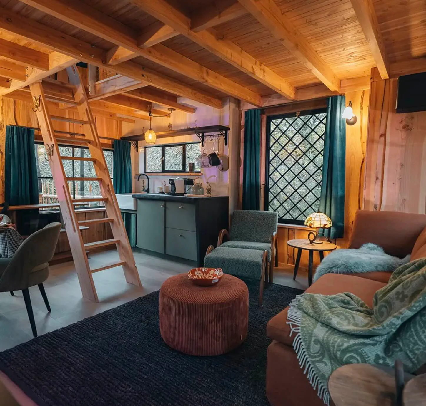 Salon chaleureux et kitchenette à l’intérieur d’un Treelodge