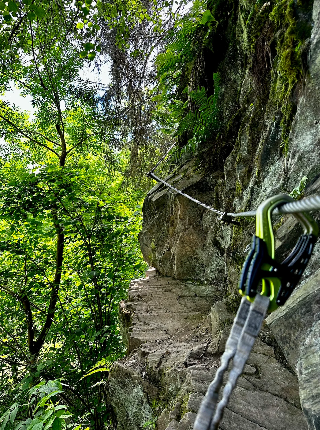 Passage rocheux équipé d’un câble dans la forêt ardennaise