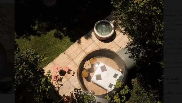 Vue aérienne d’une bulle et de son jacuzzi au Moulin des Saules