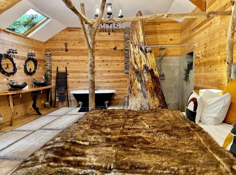 Salle de bains boisée de la Cabane du Moulin avec baignoire et douche dans un tronc