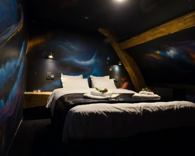 Chambre sombre décorée comme un ciel étoilé à River Lodge